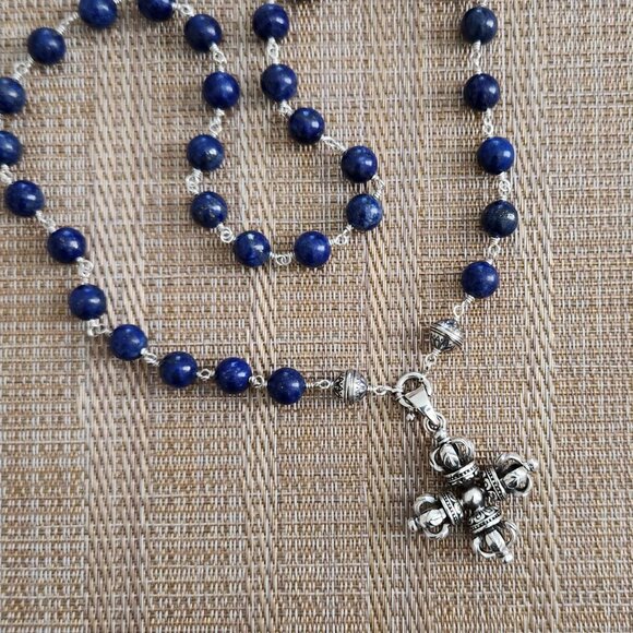 ROCKSTAR LAPIS LAZULI NECKLACE W 925 SILVER DOUBLE DORJE PENDANT-24". UNISEX - Picture 3 of 5